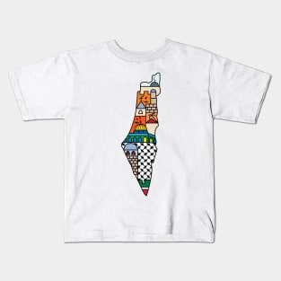 I Love Palestine My Homeland Palestinian Map with Kufiya Hatta Pattern and Most Sacred Cites In Jerusalem -blk Kids T-Shirt